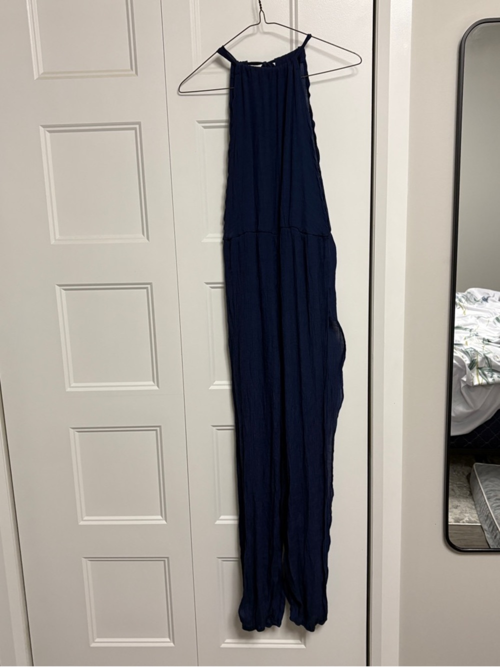 Flowy Navy Blue Sheer Halter Beach Cover Up Halter Neck Jumpsuit Size Small